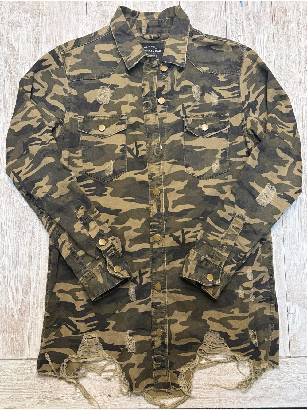 American Bazi Olive Camo Distressed Button-Front Jacket